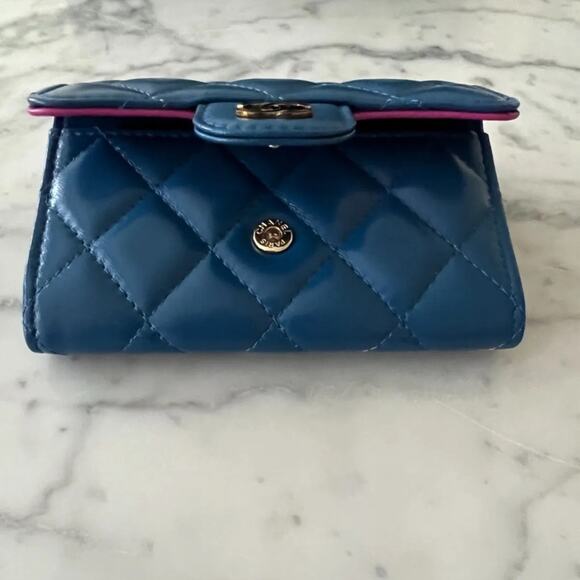 Chanel Leather Quilted Card Holder Wallet Blue teal w/box + reciept - Picture 6 of 9
